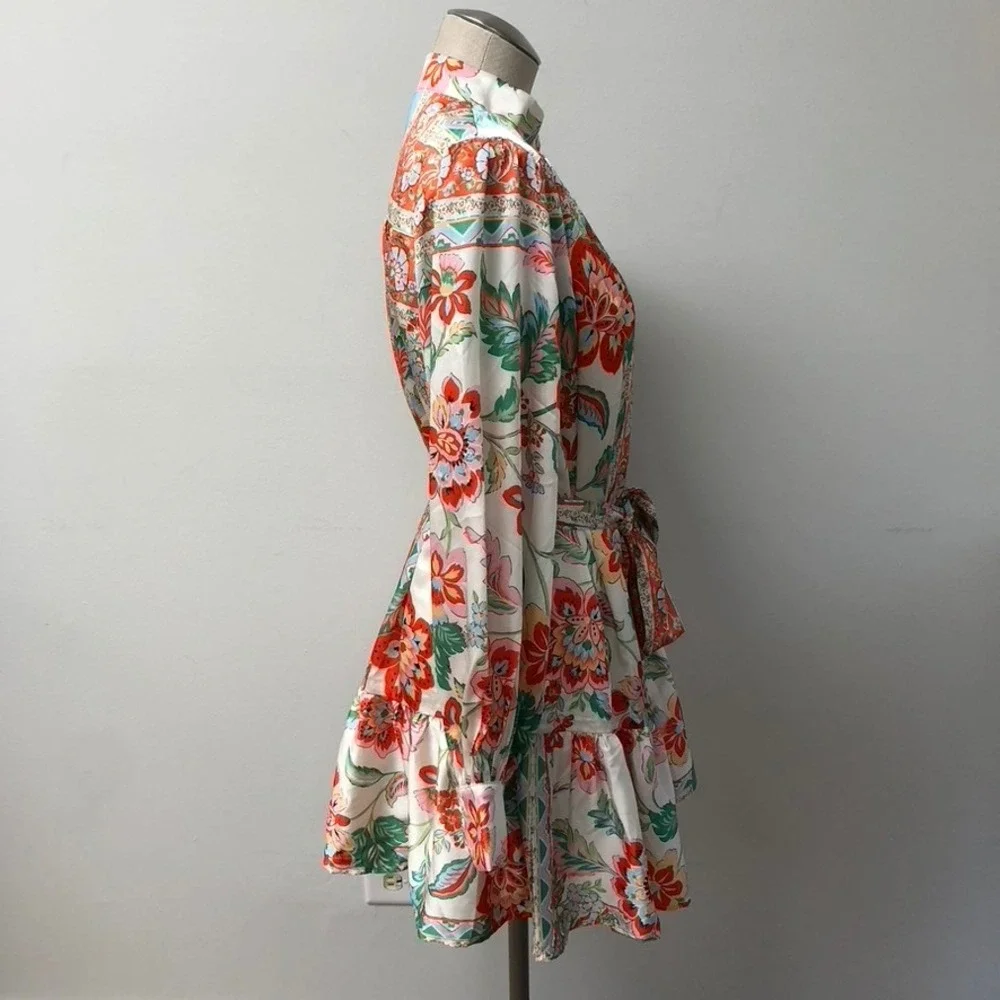 Fate‎ Floral Mini Dress Women Small Orange White Mock Neck Button Up Retro